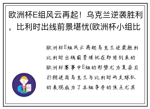 欧洲杯E组风云再起！乌克兰逆袭胜利，比利时出线前景堪忧(欧洲杯小组比利时)