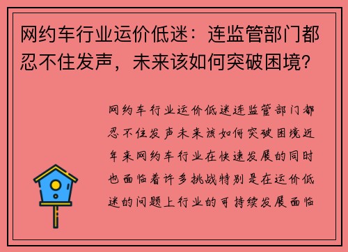 网约车行业运价低迷：连监管部门都忍不住发声，未来该如何突破困境？