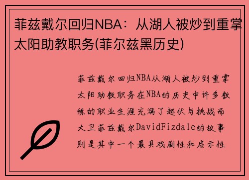 菲兹戴尔回归NBA：从湖人被炒到重掌太阳助教职务(菲尔兹黑历史)