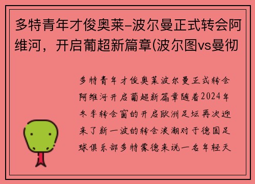 多特青年才俊奥莱-波尔曼正式转会阿维河，开启葡超新篇章(波尔图vs曼彻斯特城)