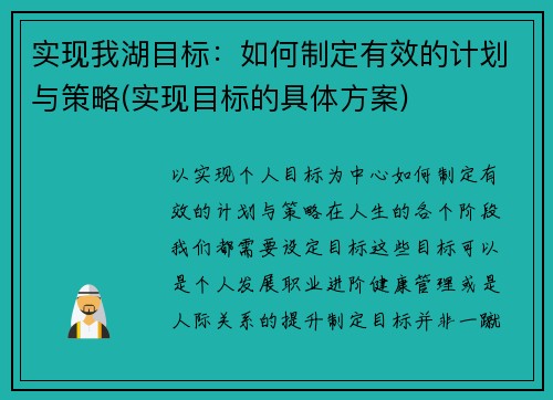 实现我湖目标：如何制定有效的计划与策略(实现目标的具体方案)