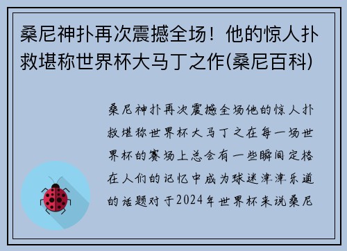 桑尼神扑再次震撼全场！他的惊人扑救堪称世界杯大马丁之作(桑尼百科)