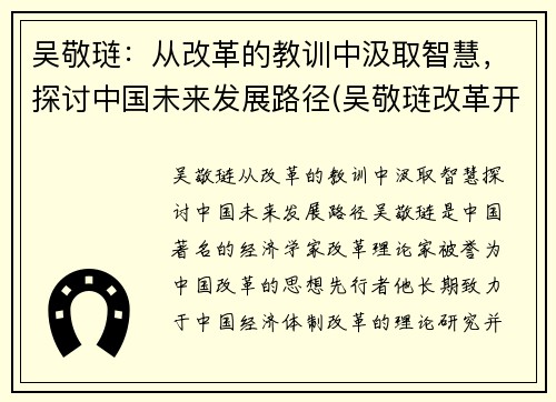吴敬琏：从改革的教训中汲取智慧，探讨中国未来发展路径(吴敬琏改革开放40年)